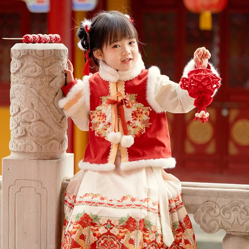 

Осенне-зимний костюм Hanfu для девочек, древняя китайская одежда, супер фея, утолщенная праздничная новогодняя одежда для маленьких девочек