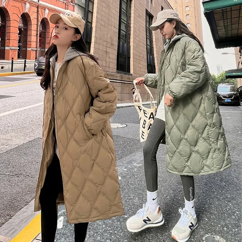 2025 Autumn Winter New Down Cotton Jacket Women's Long Over Knee Loose Jacket Diamond Grid Quilted Jacket Fake Two-Piece Parka
