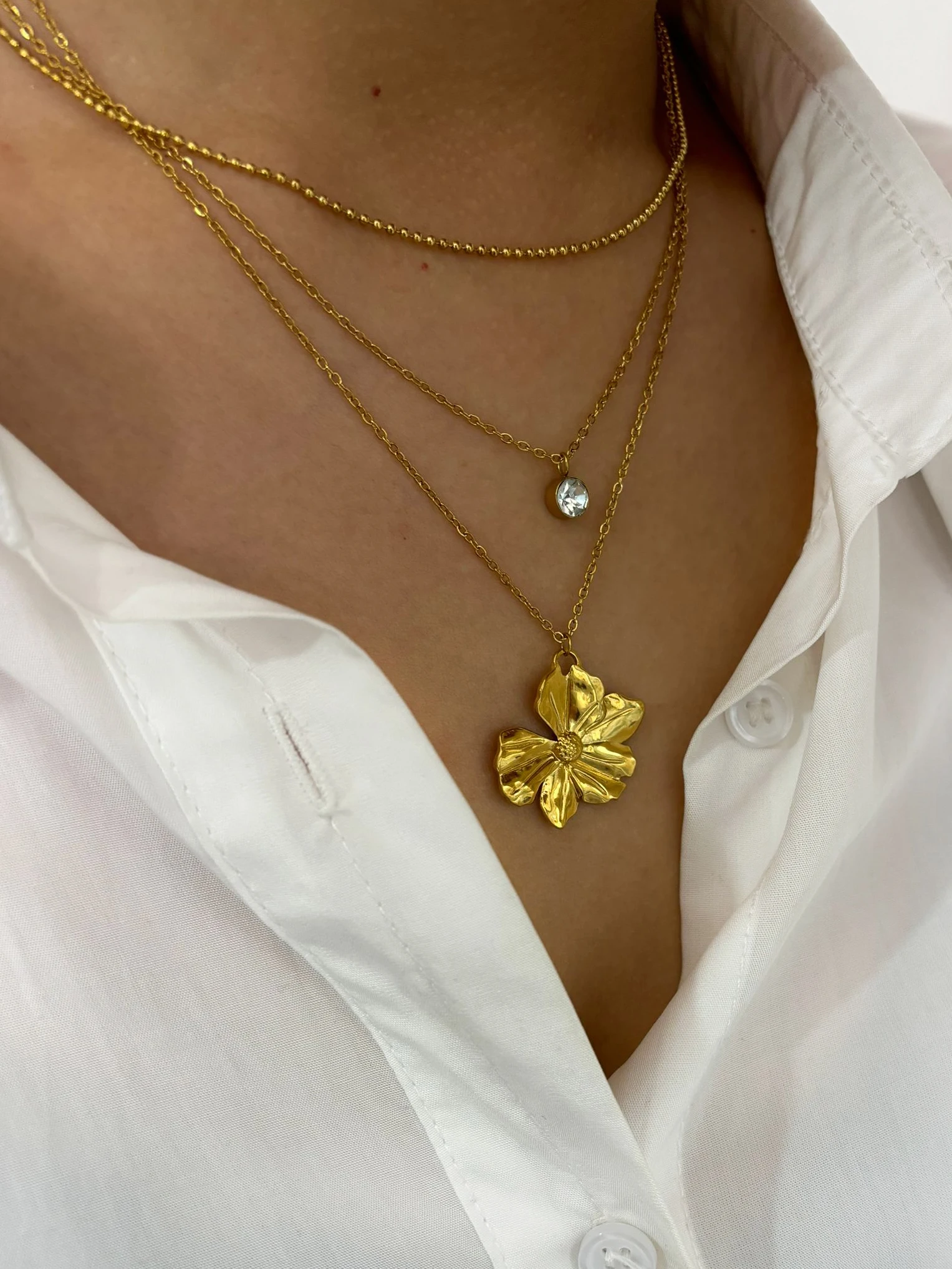 Peri\'sbox Minimalist 18K Gold Plated Bead Chain Flower Rhinestone Pendant Necklace For Women Trendy Stainless Steel Jewelry Gift