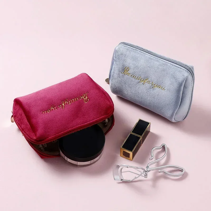 Women\'s Cosmetic Bag Zipper Velvet Letter Embroidery Solid Make Up Pouch for Cosmetics Toiletry Case Female Make Up Bags