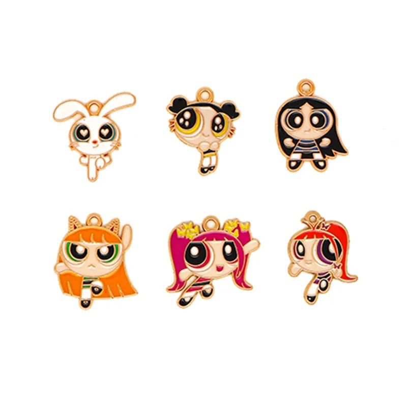 Powerpuff-女の子用メタルチャームペンダント,ネックレス,手作りキーホルダー,かわいいイヤリングアクセサリー,DIY, 10個