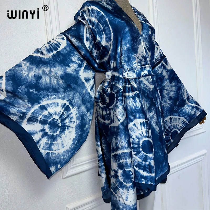 WINYI-quimono estampado com cinto para mulheres, vestido africano boho, moda praia, casaco elegante, roupas sexy de férias, cobertura