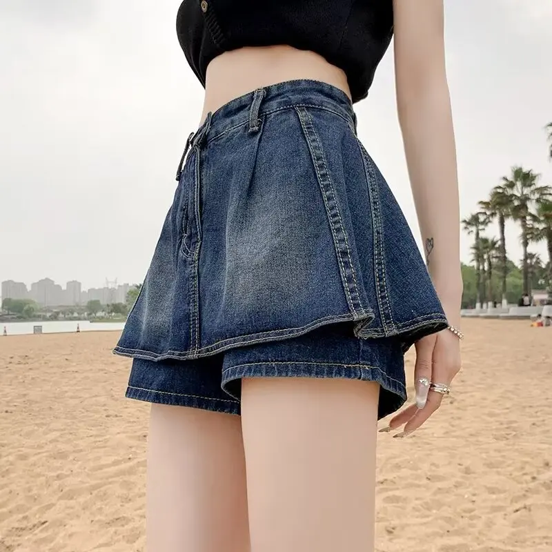 Amerikaanse retro denim shorts met hoge taille, halflange rok voor dames, lente nieuwe A-lijn taartculottes