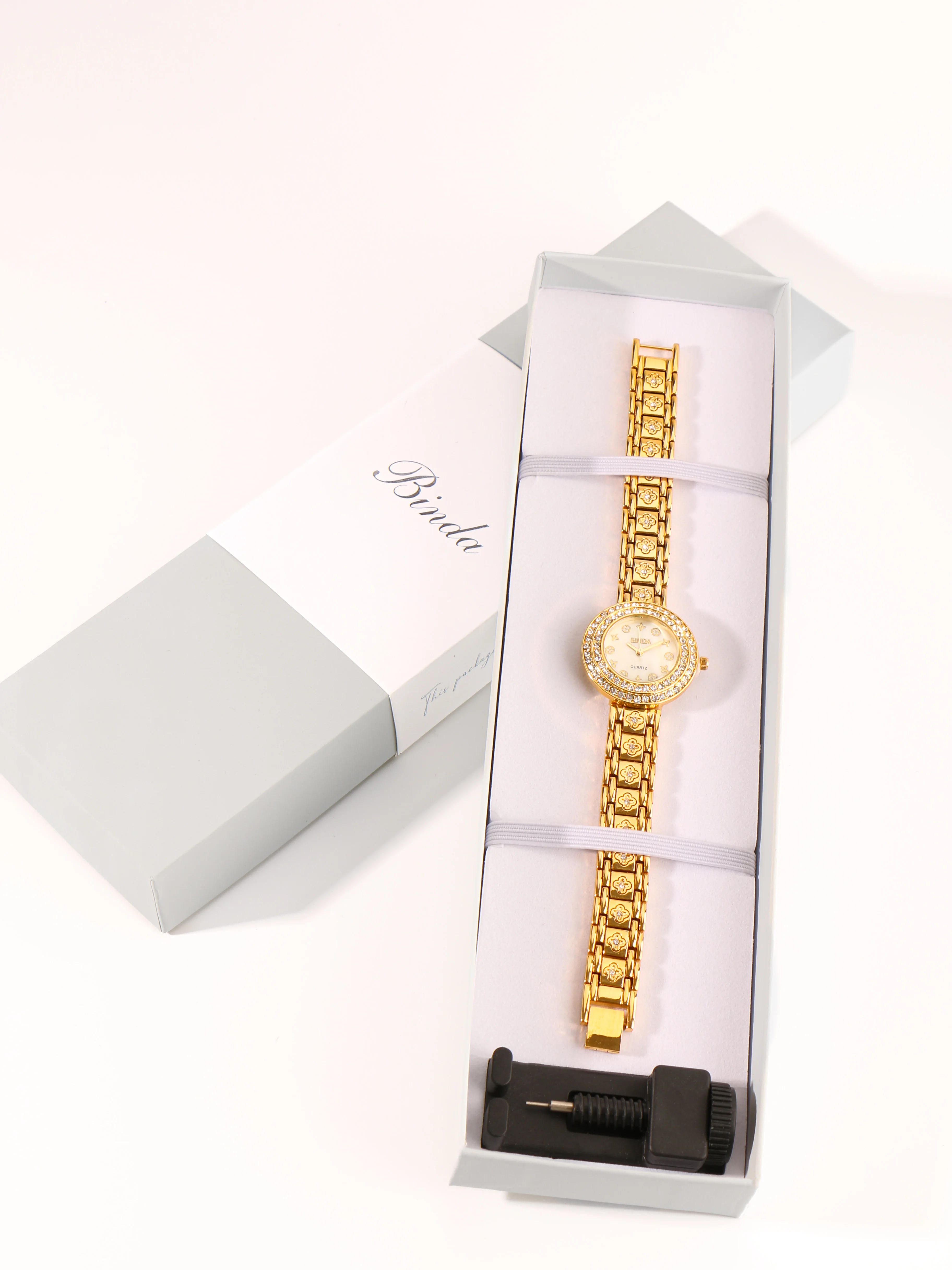 ساعة BINDA للسيدات بسوار كوارتز ذهبي، حزام مطلي بالذهب، قرص للعملات المعدنية، ساعة هدية أنيقة مع صندوق هدايا جميل
