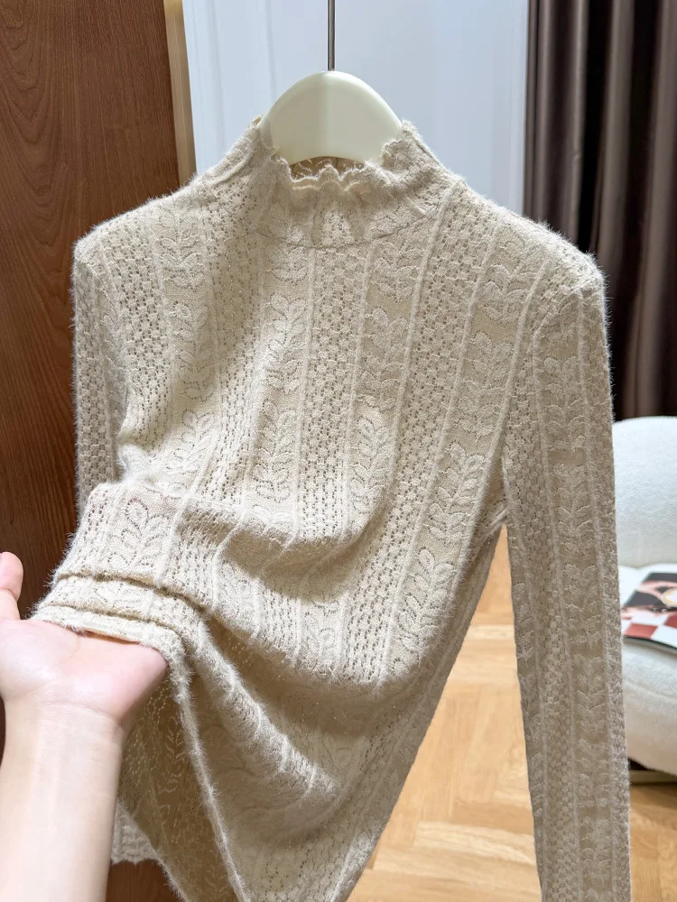 

Autumn Winter Lace Base irt Women's High Collar Inner Wear Soft Brued Top Commute Sle Slim Fit Long Sve Regular Length