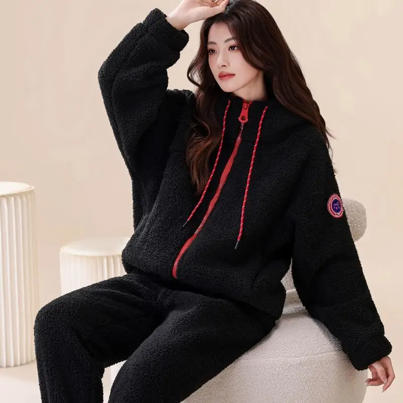 

Композитный флис для пар, морозостойкий теплый пижамный комплект из кораллового флиса, куртка из двух предметов с капюшоном, которую можно носить на улице, домашняя одежда