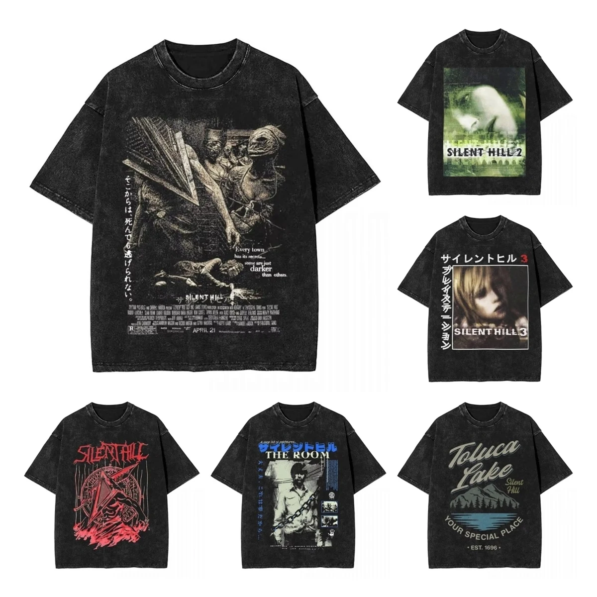 Camiseta lavada de Silent Hill, ropa de calle, camisetas Vintage de Hip Hop, camisetas de juego de película de terror, camisetas de algodón con estampado Harajuku para hombres y mujeres