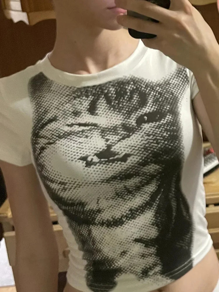 Camiseta corta con estampado animal Harajuku para mujer, camiseta básica blanca de manga corta con cuello redondo, ajustada, informal, Vintage Y2K