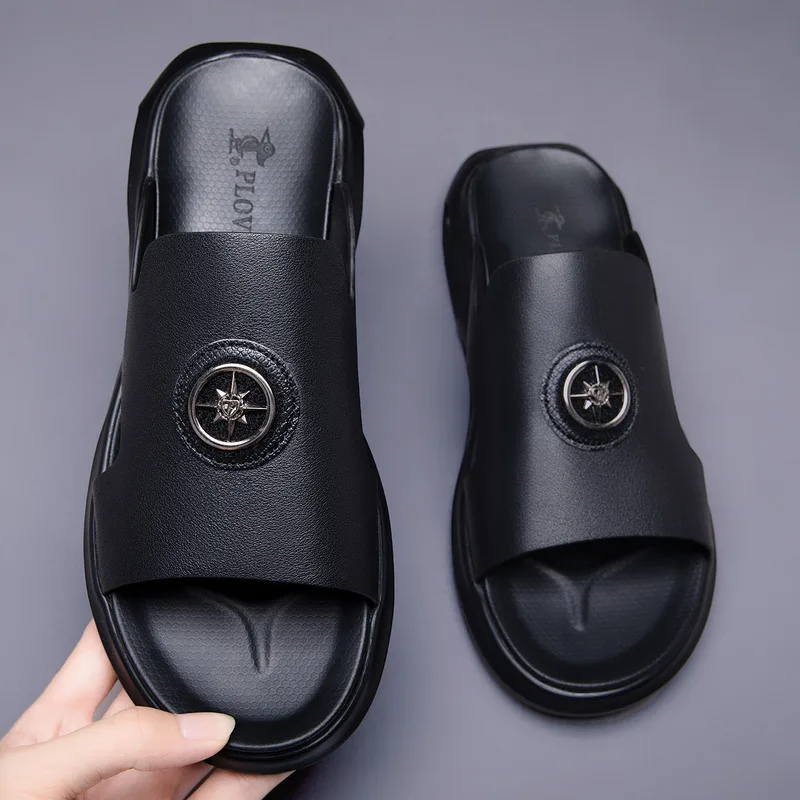 

Men's Genuine Leather Slippers High-quality Classic Roman Men Sandals Slippers Soft Comfortable Men Non-slip Walking Slippers