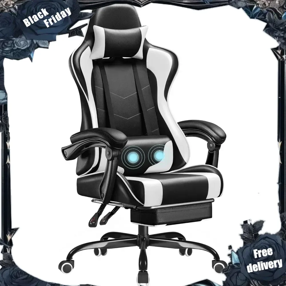 

Video Game Chair with Footrest and Massage Lumbar Support, Ergonomic Computer Chair Height Adjustable with Swivel Seat