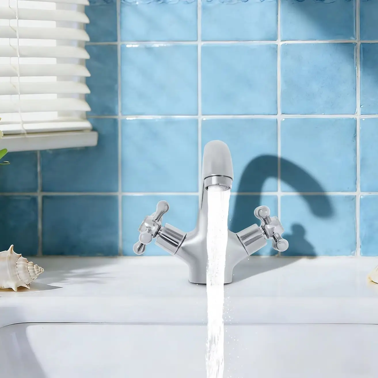 Retro Doppelgriff-Badezimmerarmatur, verchromter silberner Waschtischarmatur mit Messing-Keramik-Konstruktion, Einloch-Armatur im europäischen Stil für Aufsatzwaschbecken mit 60 cm Wasserschläuchen