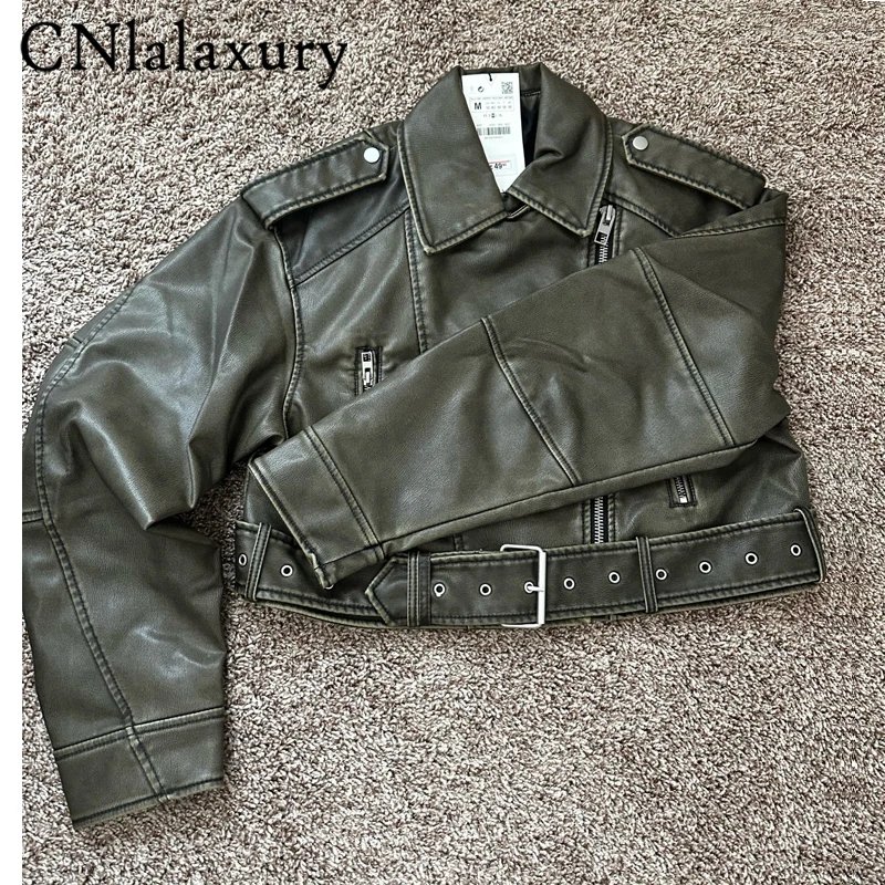 CNlalaxury Women Leather Lapel Belt Jacket 2023 Long Sleeve Zipper Pocket Coat Female Fashion Motorcycle Leather Short Outerwear