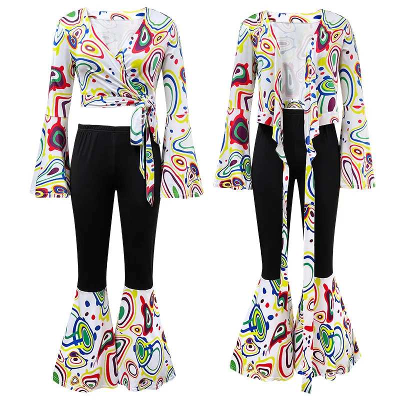 

Adult Women White Printed Tops And Pants Set 70/80s Hip Hop Halloween Carnival Party Stage Role Playing Performance Costume New