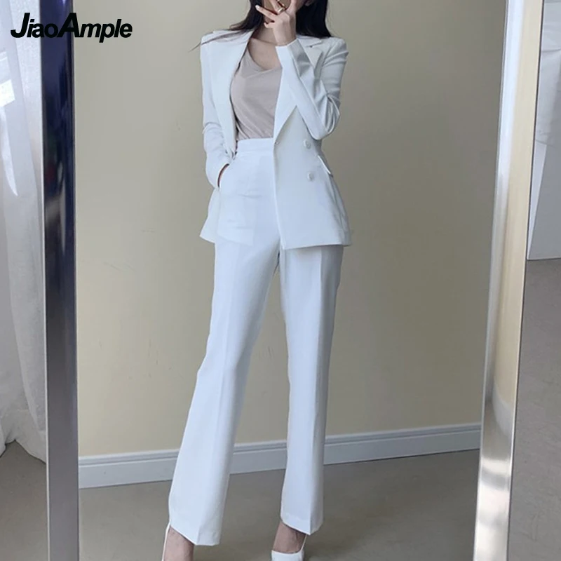 2022 Spring Autumn Women Two Pieces Blazer Pants Set Korean Graceful Office Lady White Suit Coat+High Waist Trouser OL Outfits