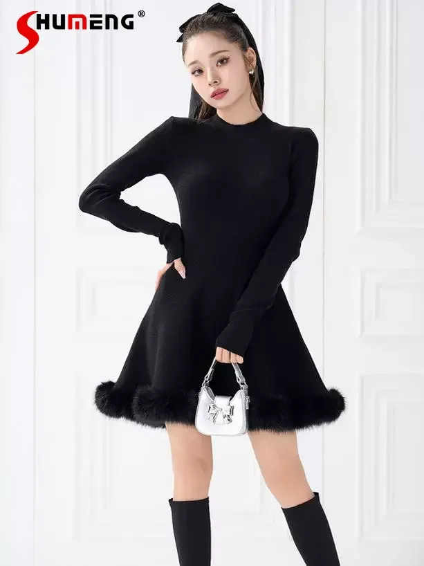 

2024 Winter New Japanese Stye Female Sweet Plush Stitching Short Knitted Dress Solid Color Women's Slim Bottoming Sweater Dress