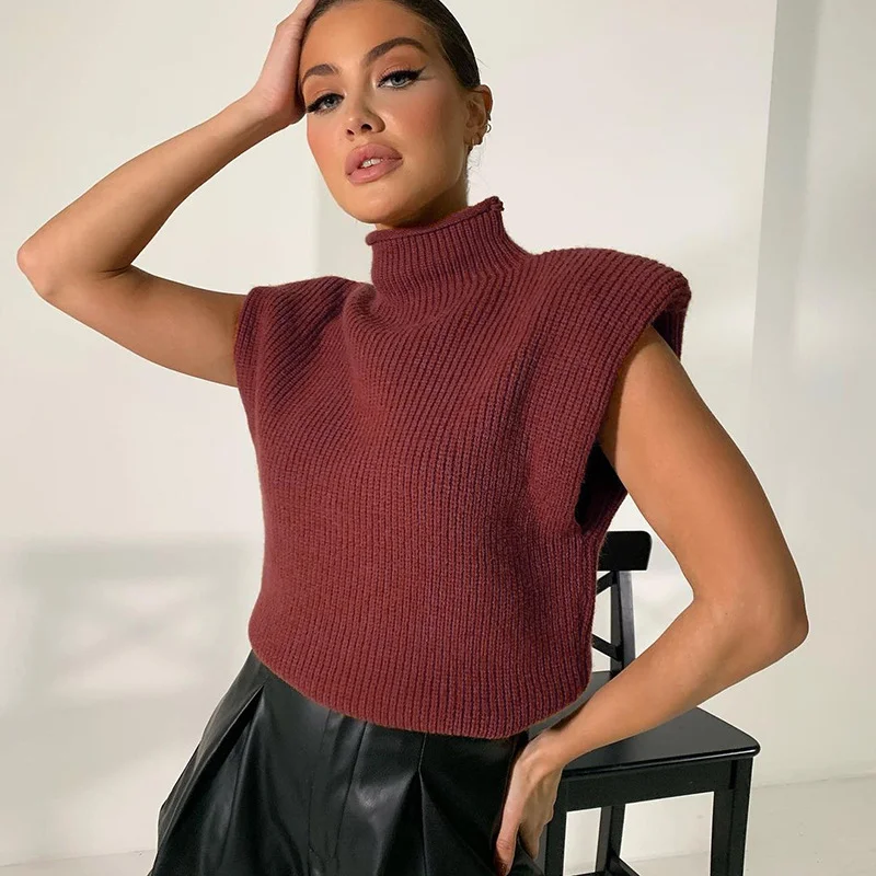 2023 Winter Basic Strickweste Roll kragen pullover Kurzarm einfarbig schlichte Schulter polster eleganter Pullover für Frauen koreanische Mode