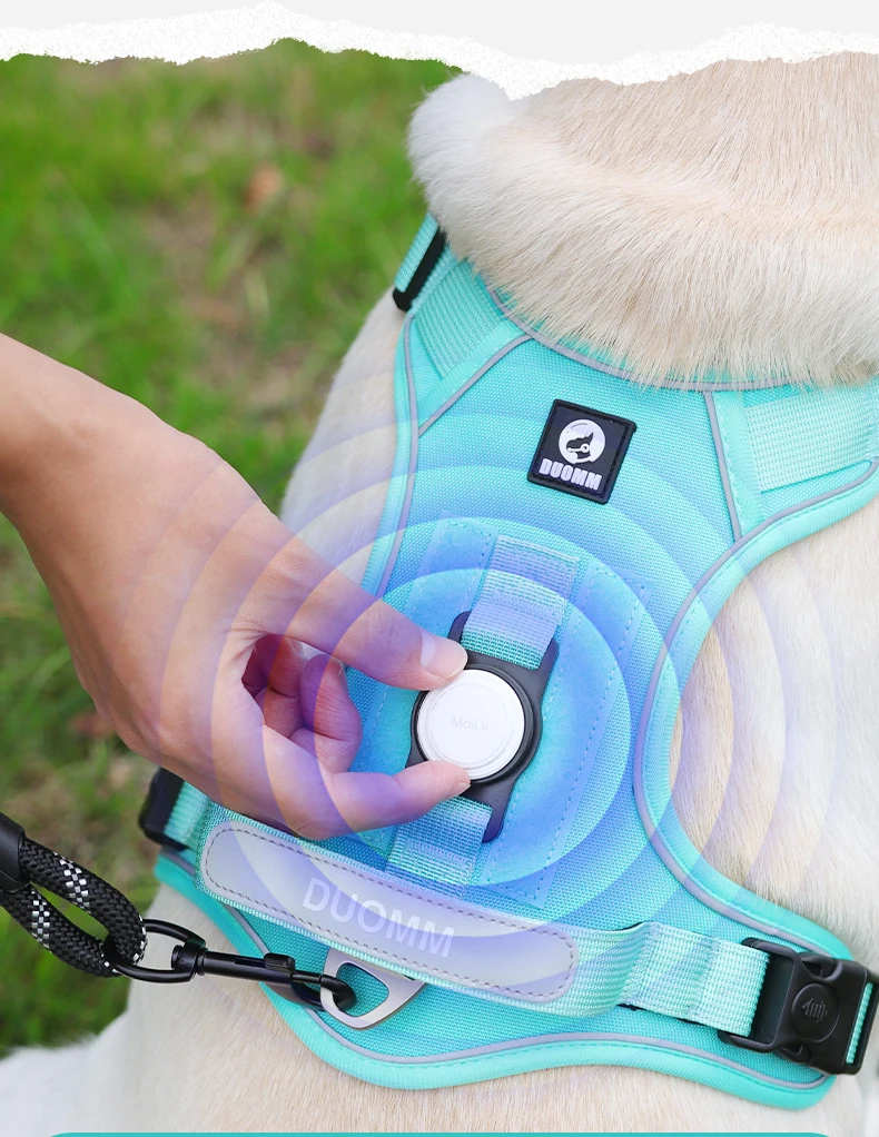 Kein ziehendes Hundegeschirr mit AirTag-Halter, Griff und vorderem Clip – verstellbare, reflektierende, weich gepolsterte Hundegeschirrweste zum Spazierengehen, Tra – Detail 3