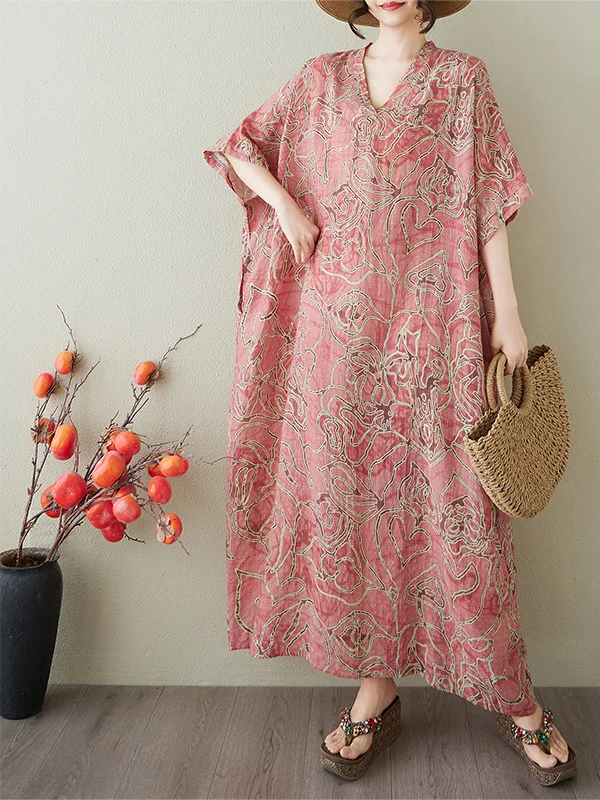 فستان طويل ملفوف بطول الركبة، تصميم صيفي بنقشة زهور، مناسب للإجازات والسفر، برقبة على شكل V، طراز ريترو، من القطن والكتان، قط...