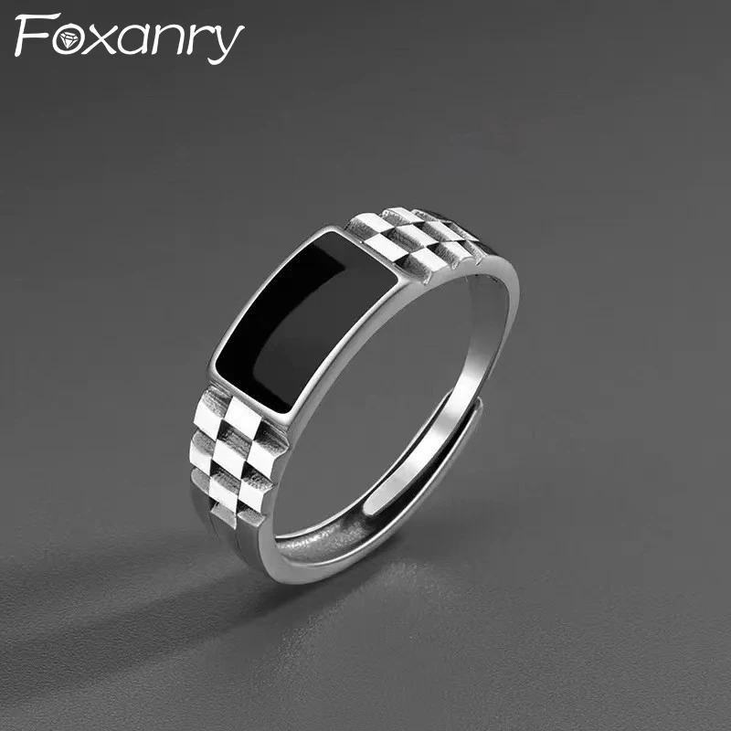 Foxanry Silver Color Black Drop Glaze Rings For Women Couples New Fashion Simple Classic Elegant Creative Daily Party Jewelry