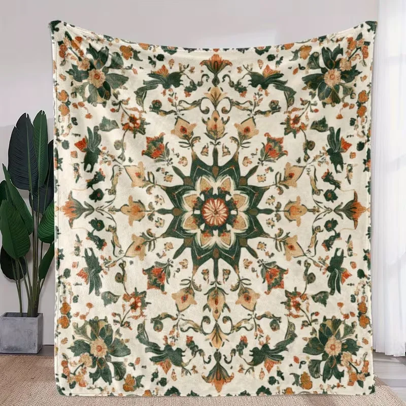 Vintage Symmetric Floral Blanket Retro Botanical Ornament Print Soft Warm Blanket For Bed Couch Bohemian Farmhouse Decor