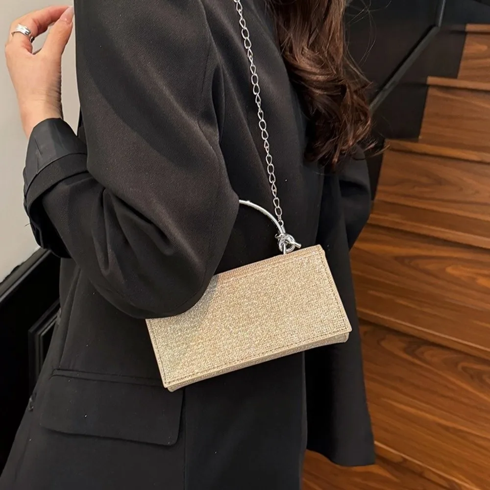

Portable Elegant Women Clutch Bag Metal Top Handle Trendy Shiny Crossbody Bag Solid color Shoulder Evening Banquet Bag Women