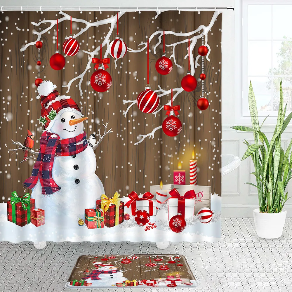 Christmas Shower Curtains Set Brown Wooden Board Snowman Red Xmas Ball Gift Snow Bathroom Decor Non-Slip Rug Bath Mat Toilet Lid