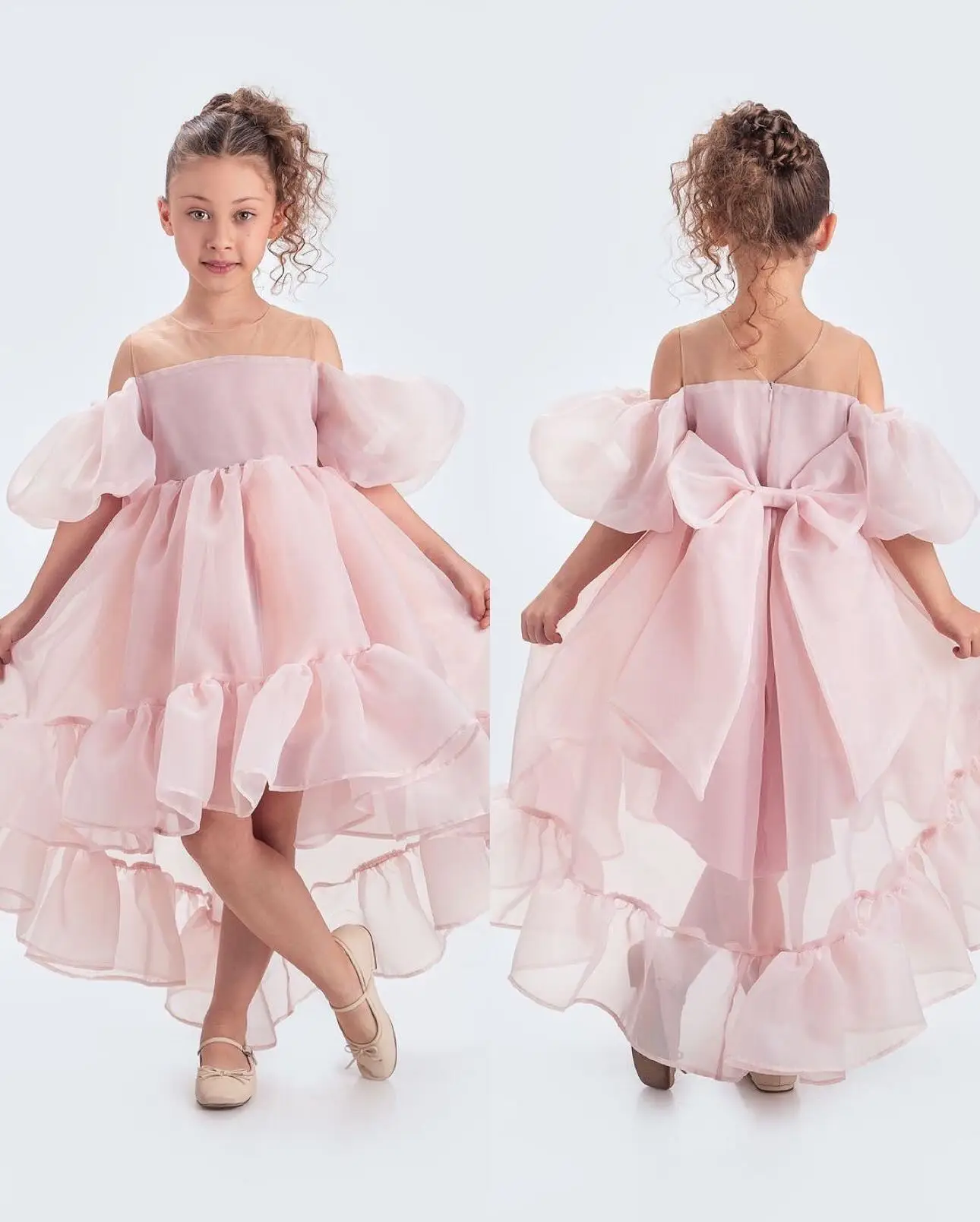 

Organza Fairy Flower Girls' Dresses With Puff Sleeve Asymmetry Ruffles Pleats Bow Prom Dress Lovely Girl's Birthday Ball Gowns