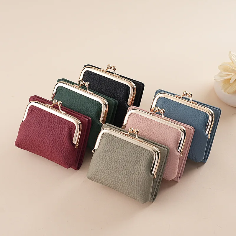 ​​Women's Lychee Texture Genuine Leather Short Wallet - Spacious Multi-Card Organizer with Minimalist Coin Pocket​​