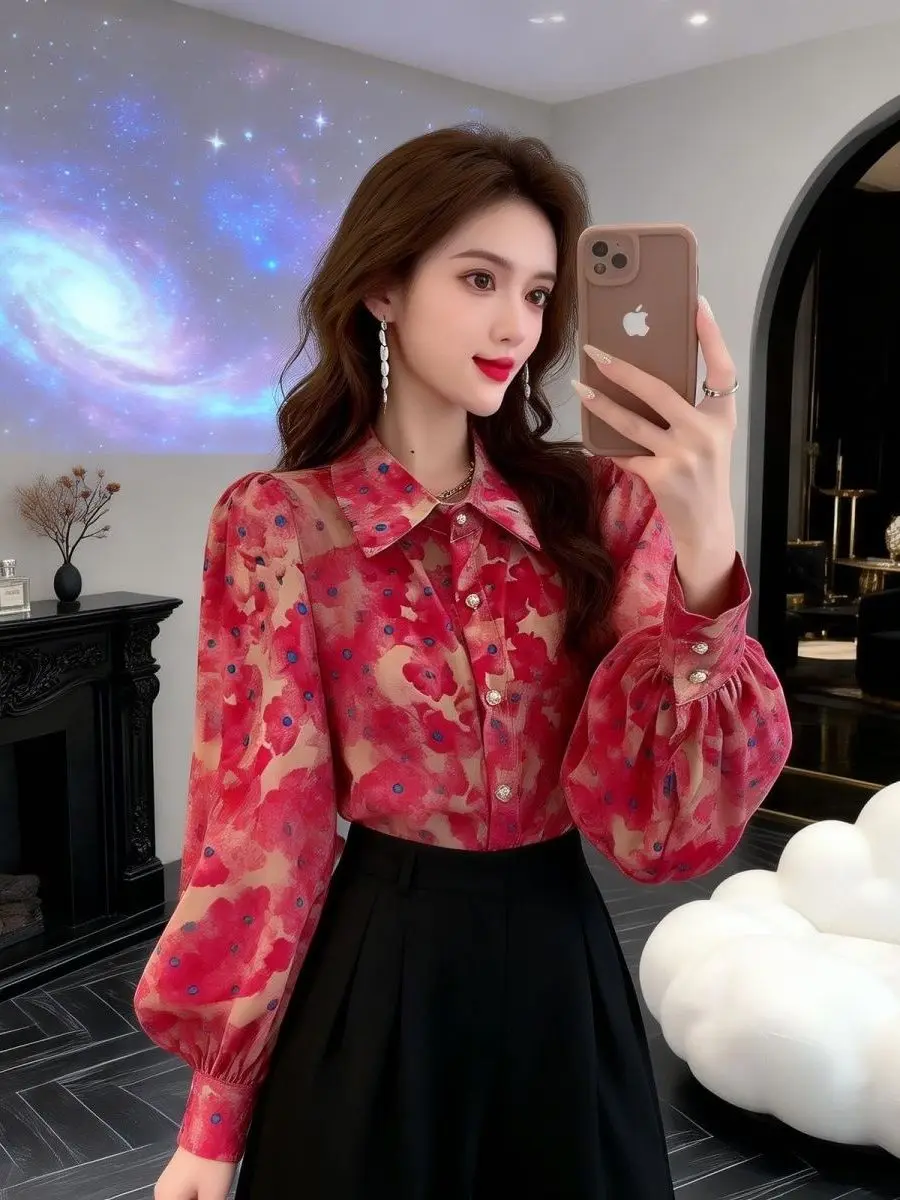

Fashionable Printed Loose Lantern Sleeve Shirt Base Layer Shirt Feel Small Audience Spring Anti-Aging High-End Shirt Top