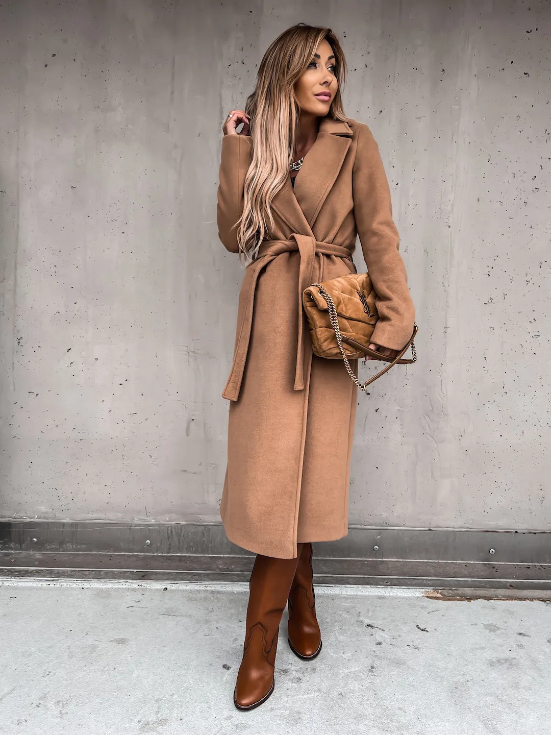 Women Lapel Wrap Long Wool Coat Self Tie Waist Belt Long Sleeve Warm Midi Outerwear