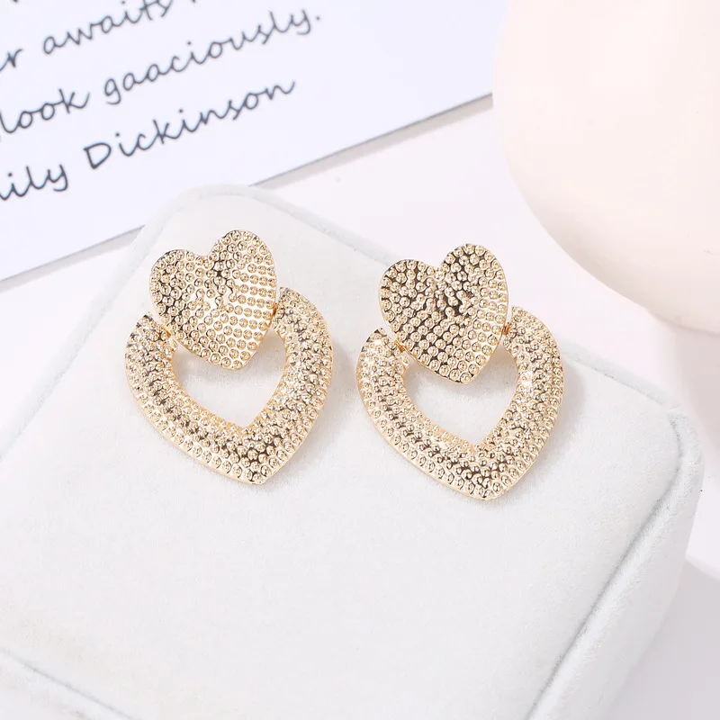 2022 New Gold Color Big Hollow Double Heart frosted Stud Earrings For Women Korean Daily Life Fashion Statement Jewelry