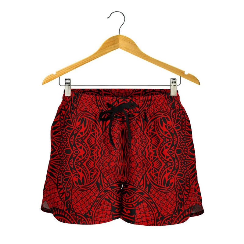 Hawaii Beach Women's Shorts Red Polynesian Tribal Shorts Girls Multi-style Swim Trunks Gym Ice Shorts Floral Board Short Pants