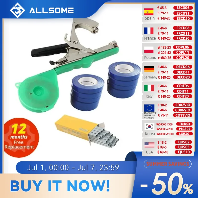 Allsome Máquina atadora de plantas, Tapetool de jardinería con 10 rollos de cinta y 1 caja de grapas para verduras, uvas, tomates y pimienta