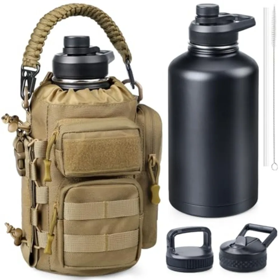 

64 oz Insulated Water Bottle with Sleeve, Half Gallon Stainless Steel Tactical Water Jug Large Military Water Bottle with 3-IN-