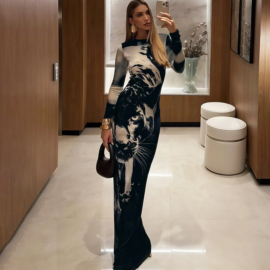 

SKMY Party Dresses 2025 Summer New Women Clothing Fashion Style High Waist Slimming Round Neck Long Sleeve Printed Dress