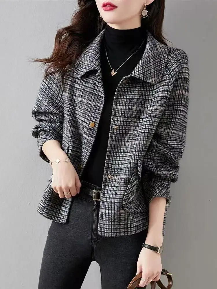 plus Size Autumn Winter Plaid Woolen Coat Korean Style Warm Thick Long Sleeve Suit Outerwear for Women High Waist Pants