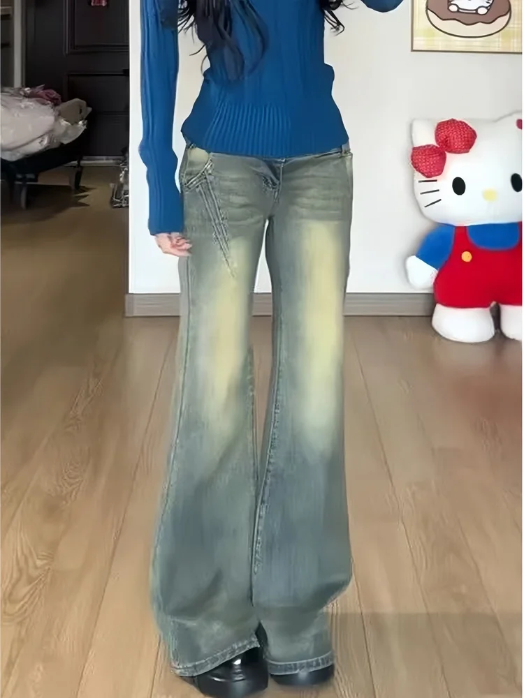 

Американские джинсы High Street Y2K Millennium Spicy Girl, винтажные расклешенные джинсы с микро-расклешенными джинсами, женские дизайнерские пушистые лоскутные...