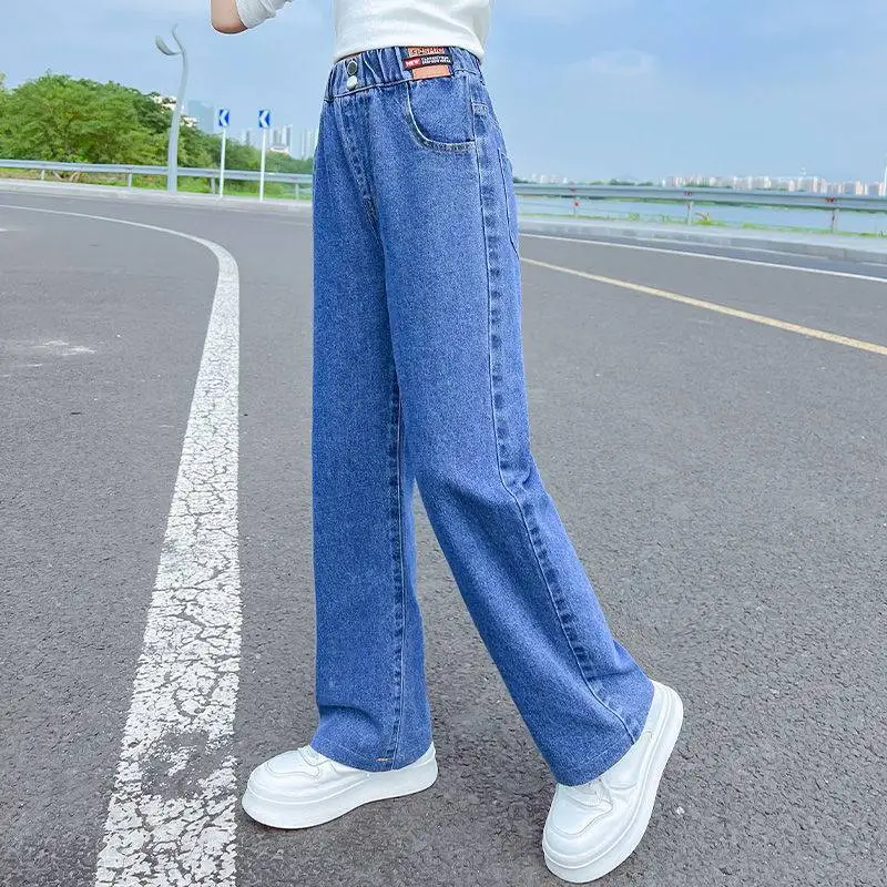 2024 New Children Jeans Girls Wide-leg Pants Kids LooseTrousers Baby Straight Denim Pants Spring Autumn 4 To12 Year