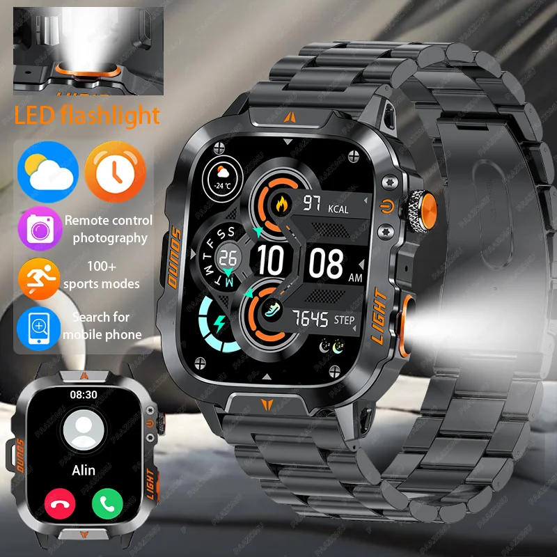 2025 New Outdoor Smart Watch Bluetooth Call Flashlight Health Monitoring Waterproof Sports Fitness Smart Watch for Men and Women