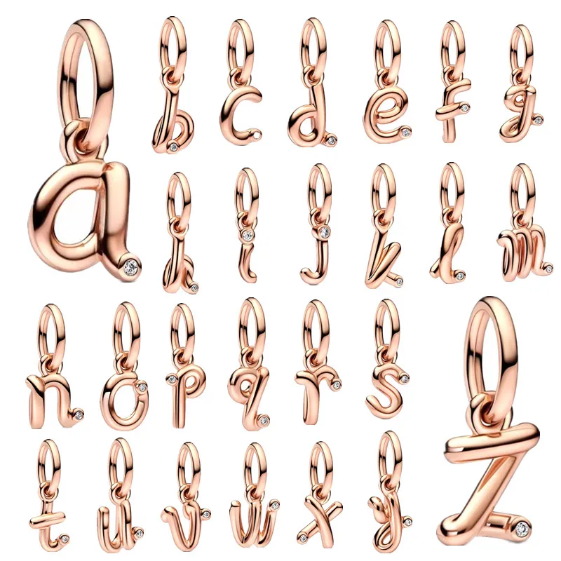 Rose Golden 26 A‑Z Script Alphabet Letter Charms Inlaid Crystal Pendant Fit Bracelet Necklace Women Custom Name DIY Jewelry Gift