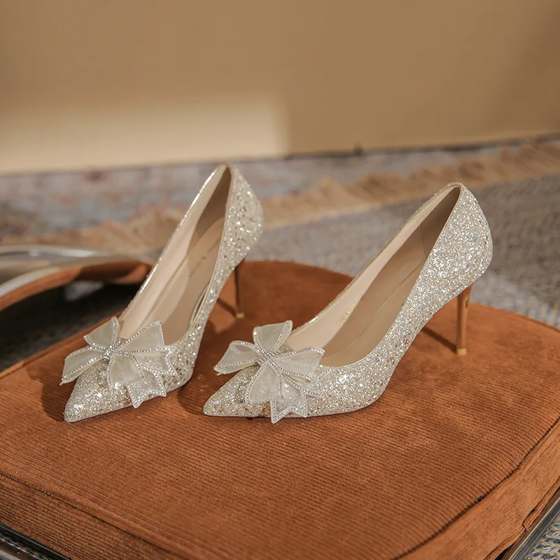 

High heels, female lead, wedding banquet, rhinestone butterfly wedding shoes, temperament, pointed sequin single shoes