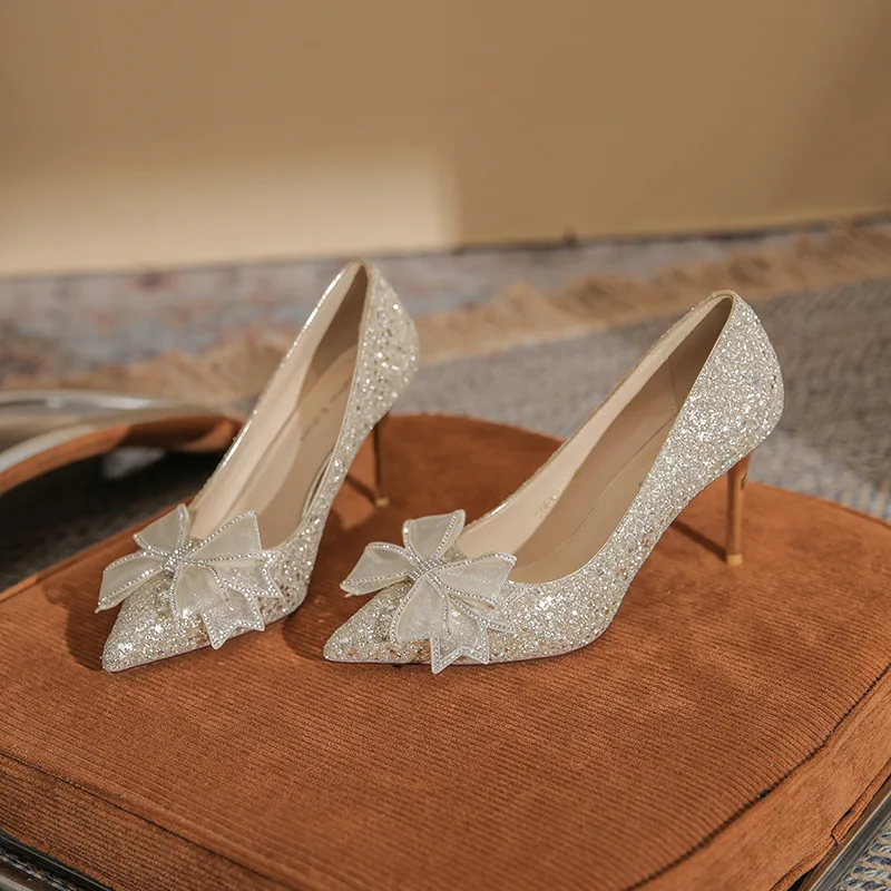 High heels, female lead, wedding banquet, rhinestone butterfly wedding shoes, temperament, pointed sequin single shoes