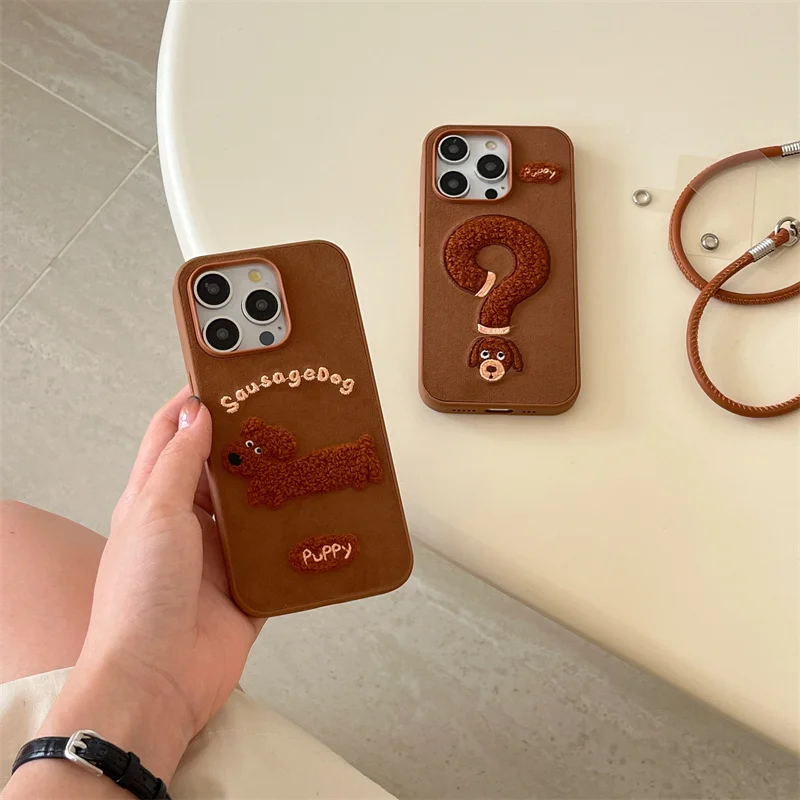 Simplified 2-in-1 embroidered question mark sausage dog phone case with hanging rope for iPhone 13 14 15 16 promax