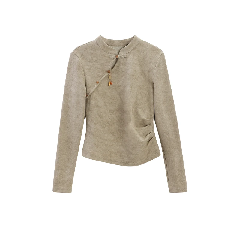 ALXNAN, camiseta para mujer, nuevas camisetas de manga larga de algodón de estilo chino, camisetas elegantes informales con diseño de hebilla de otoño para mujer L57266