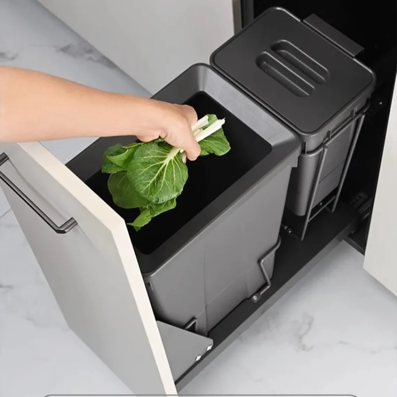 

Kitchen Cabinet Embedded Trash Can Hidden Trash Bin Large Capacity Built in Litter Bin Rectangular Plastic Double Bucket Dustbin