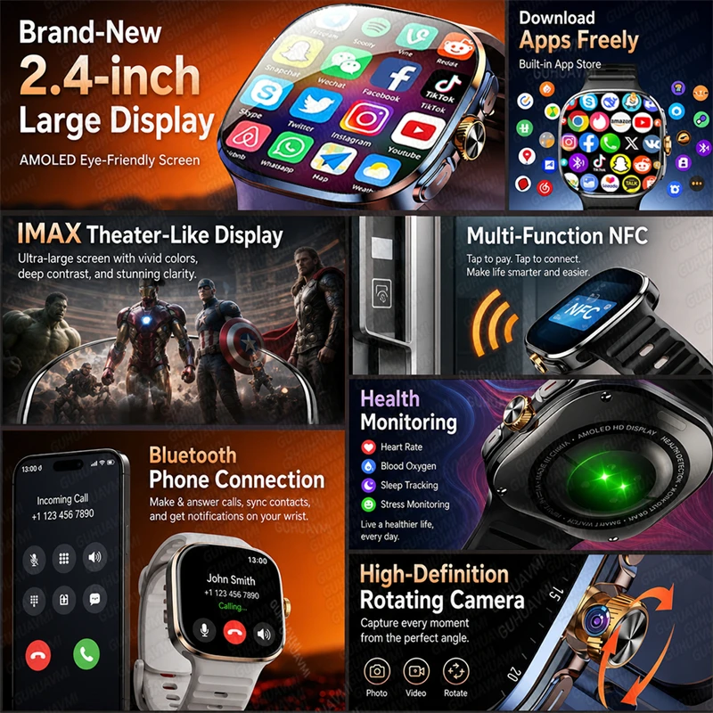 2026New 5G SIM Card Network Smart Watch Men HD Dual Camera 64GB ROM NFC GPS Wifi Sports Waterproof Google Play Smart Bracelet