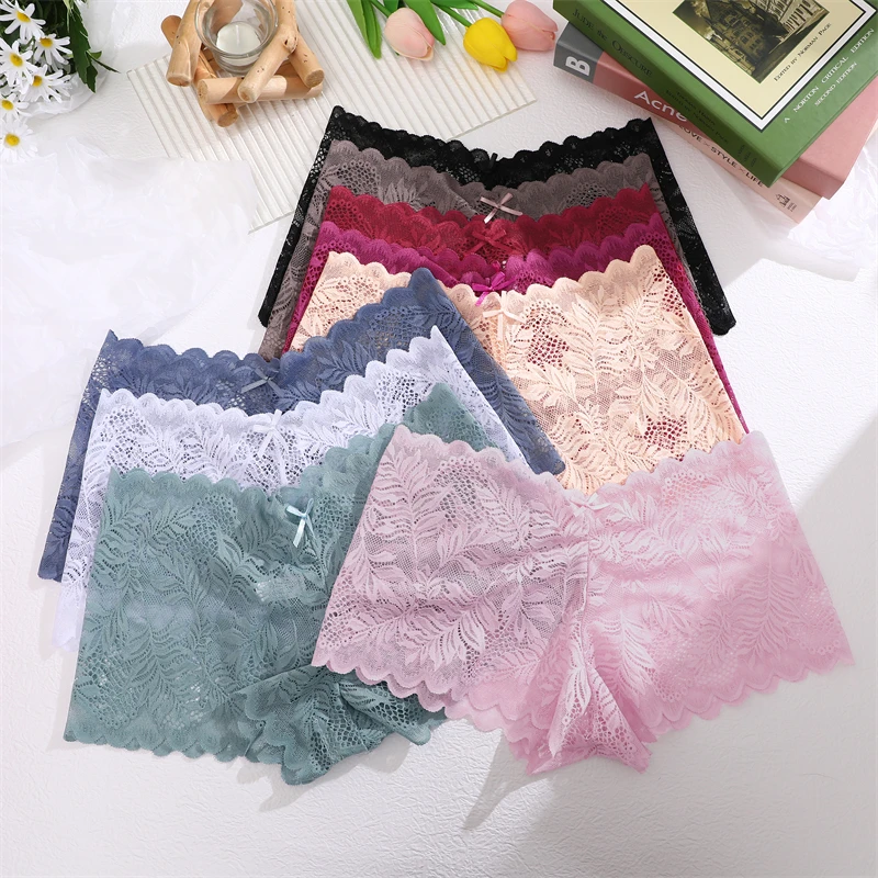 FINETOO 8Pcs/set Lace Hollow Out Boyshort Women\'s Panties Sexy Low-Rise Floral Underwear Girls Comfortable Underpants Lingerie