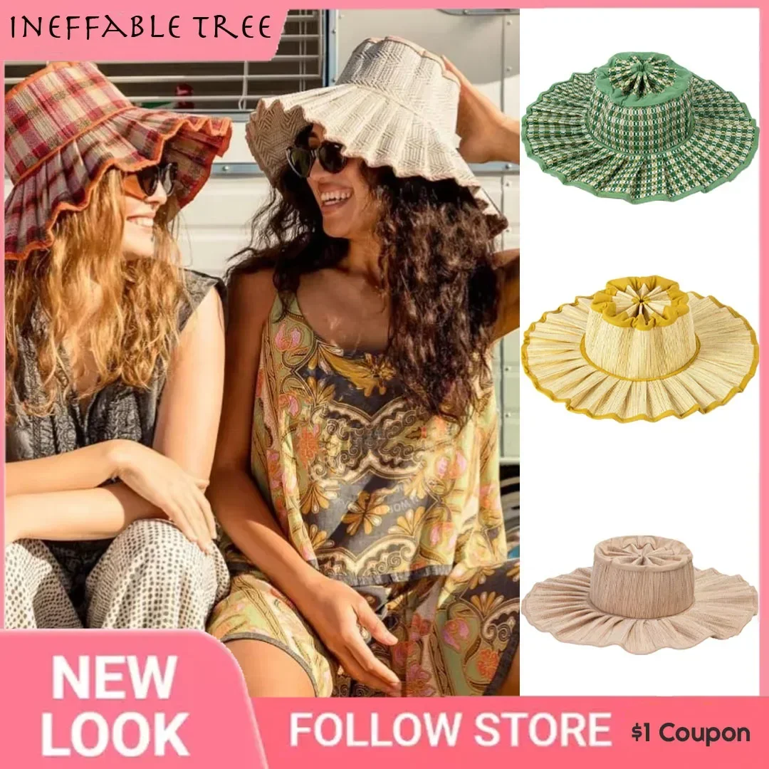 Y2K Parent-Child Summer Reversible Pleated Sun Hats for Women Casual Straw Hat Outdoor Beach Shade Straps Lady Gorras Para Mujer