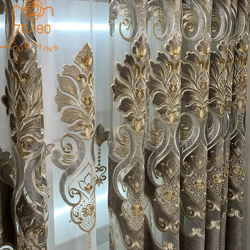 

High Grade Gray Coffee Jacquard Thickened Chenille Hollowed Out Embroidered Curtains for Living Room Bedroom Villa Customization