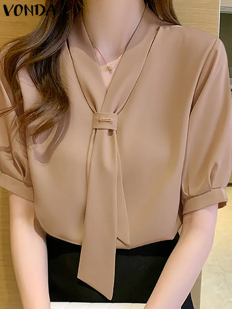 VONDA 2024 Summer Women Tops Fashion Casual Short Sleeve Chiffon Blouse Tie Shirts Loose Solid Color Tunic Blusas Femininas